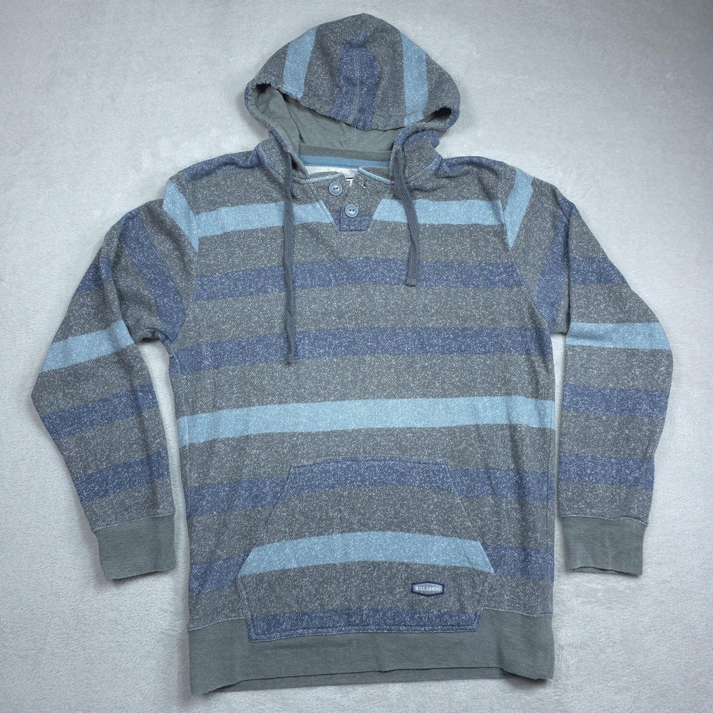 Billabong Hoodie Mens XL Gray Blue Striped Henley Pullover Surf Beach Knit